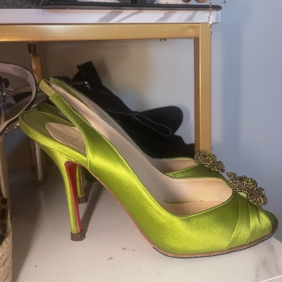Christian Louboutin Green Satin Peep-Toe Heels - Picture 2 of 3